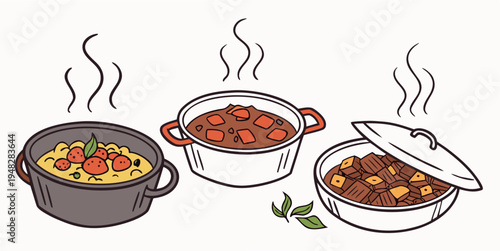 three pots of food with steam rising Vector