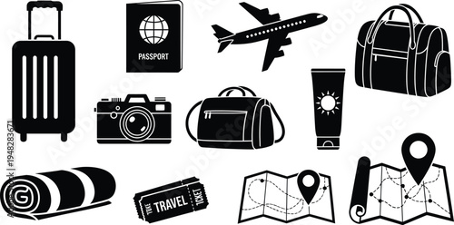 Travel essentials silhouette isolated on transparent background