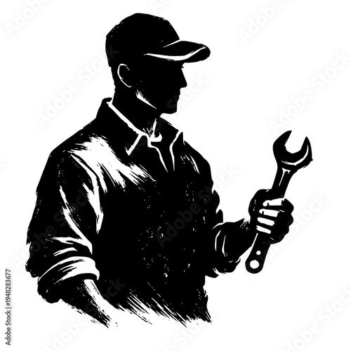Mechanic in Cap Holding Wrench, Silhouette Illustration, Service and Repair Concept