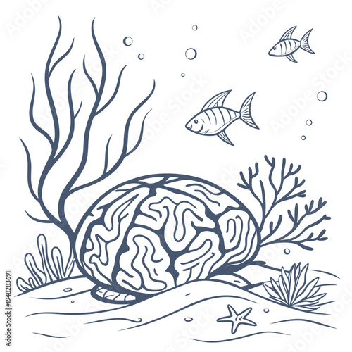 brain sitting on the ocean floor with fish Vector