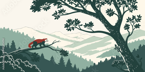 a red fox standing on a cliff overlooking mountains Vector