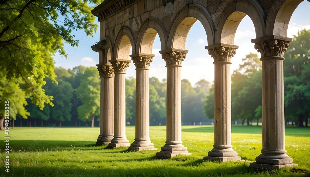 Obraz premium Stone arches on a green lawn, with trees receding into the distance under a sunny sky