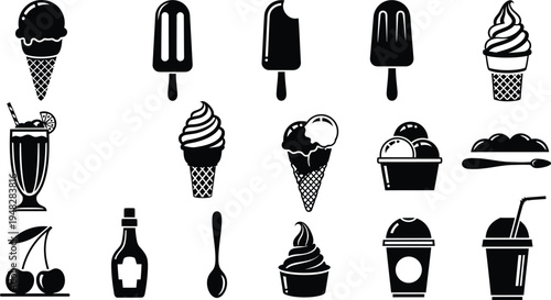Silhouette of assorted ice cream and dessert icons isolated on transparent background