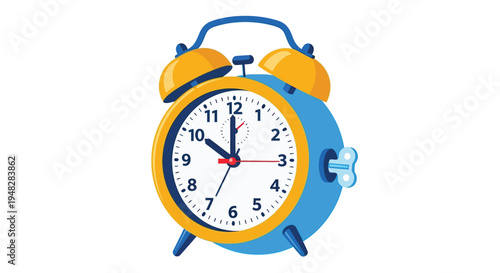A colorful illustration of an alarm clock set against a plain white background