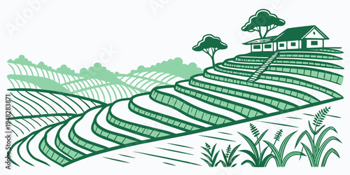 a green illustration of a farm with a house and trees Vector