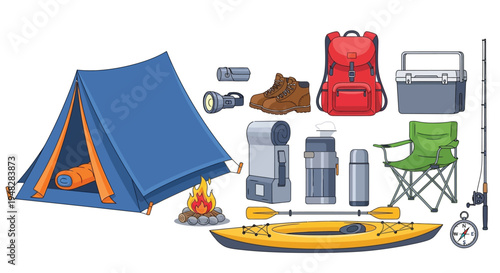 A collection of camping gear and equipment for outdoor adventure
