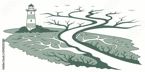 a small lighthouse on a rocky coastline with a tree Vector