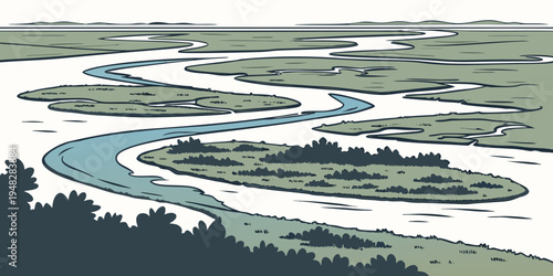 aerial view of a river delta with islands and waterways Vector