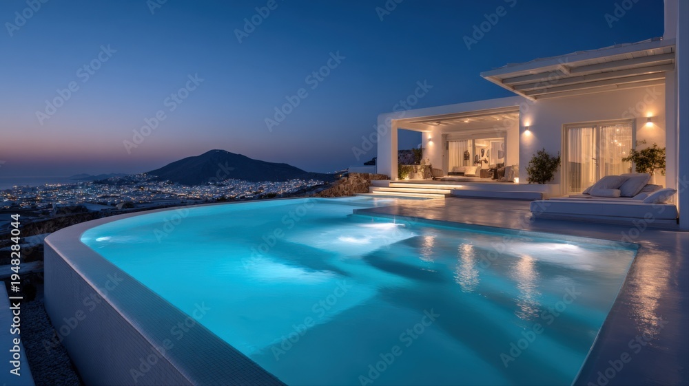 Fototapeta premium Luxury Villa with Infinity Pool Overlooking Mykonos at Dusk, Featuring Modern Architecture and Serene Ambiance