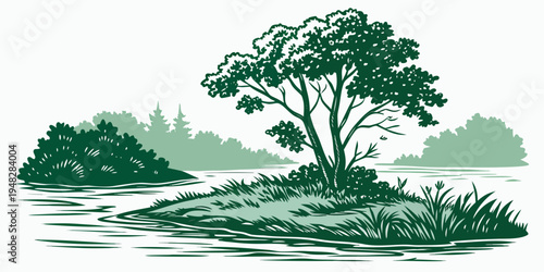 a green tree on a small island in the middle of a body of water Vector