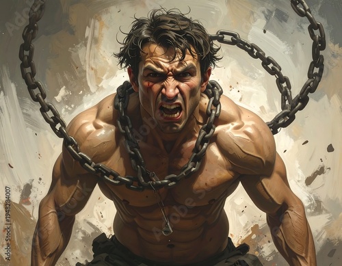 Angry muscular man, upper body, with chains around the neck in an abstract painted style