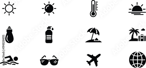 Black silhouette icons of summer vacation and travel isolated on transparent background