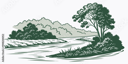 a scenic landscape with a tree on a riverbank Vector
