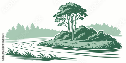 a small island with trees and grass in the middle of a body of water Vector