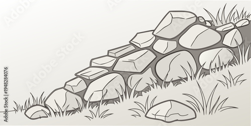 a stone wall on a hillside with grass Vector
