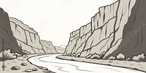 a river runs through a narrow canyon with steep cliffs Vector
