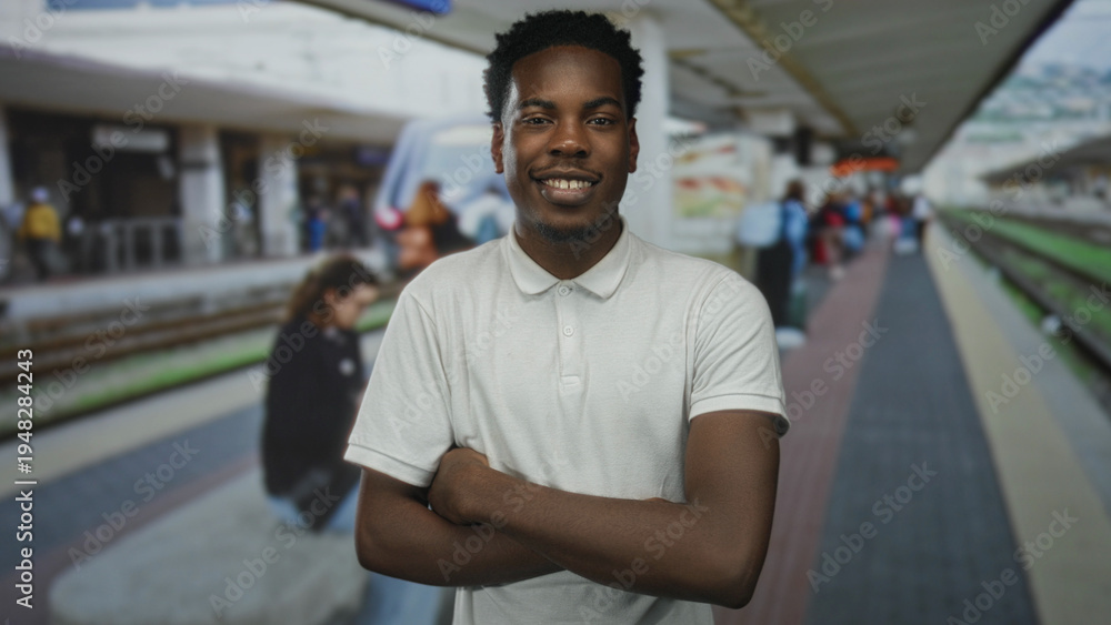 Fototapeta premium Man with crossed arms and serious gaze in front of a stationary passenger train by a modern building entrance; rejection.