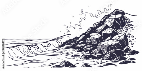 a black and white drawing of a wave crashing Vector