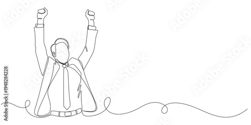 continuous line art of a Bussinesman in work suits raising their hands and feeling happy about their work achievements. the concept of success and achievement in work. celebrating success