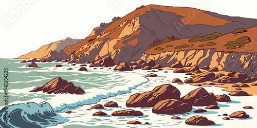 a rocky coastline with waves crashing against the shore Vector