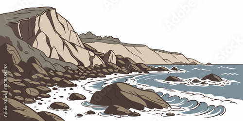 a rocky coastline with waves crashing against the shore Vector