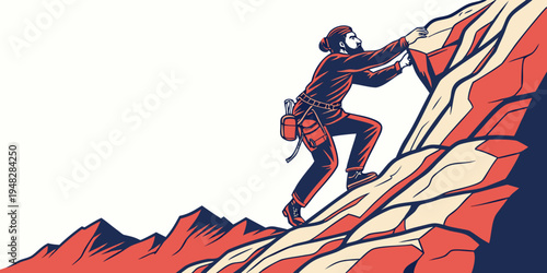 man climbing a steep mountain with a backpack on Vector