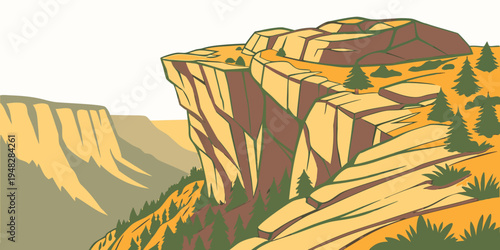 a large cliff with trees on top and a mountain range in the background Vector