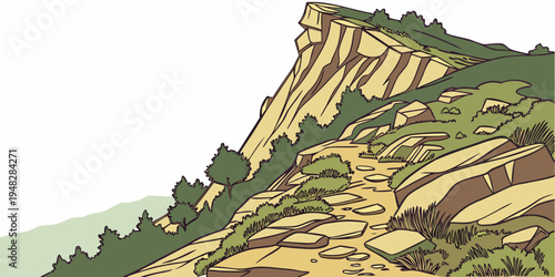 a large hill with green grass and brown dirt Vector