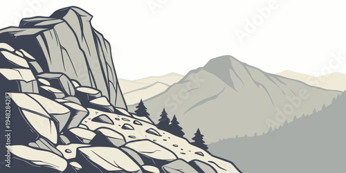 a mountain range with a large rock formation Vector