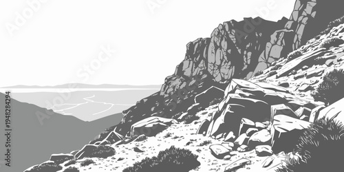 a rocky mountain side with snow and trees Vector