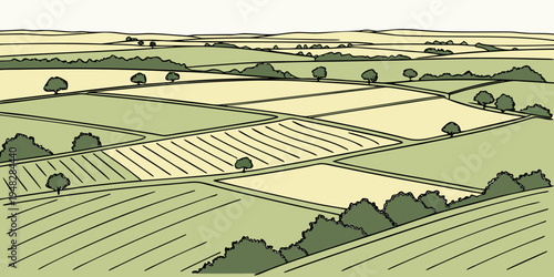 a landscape of green fields and trees Vector