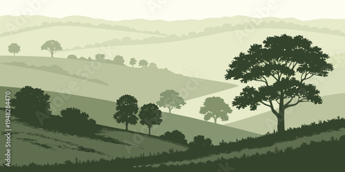 a serene landscape with rolling hills and trees Vector