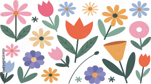 Bold colorful flowers and leaves in retro groovy style background perfect for children graphic design playful floral vector set