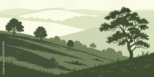 a green landscape with trees on a hillside Vector