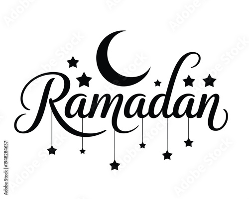 Elegant black calligraphy spells out the word Ramadan with hanging stars and a crescent moon.