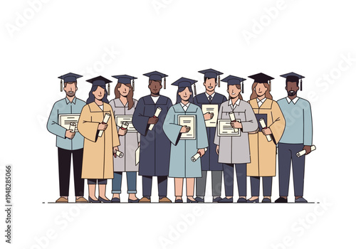 Diverse group of graduates wearing academic regalia.