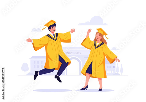 happy graduates in yellow gowns celebrating.