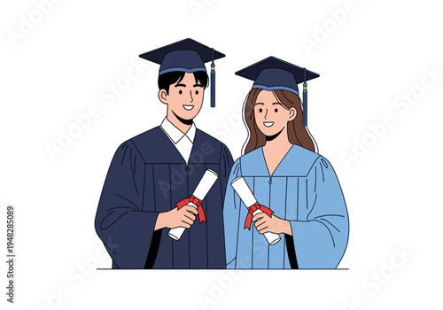 Two young graduates in caps and gowns.