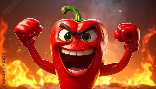 Angry red pepper cartoon character wearing boxing gloves, smiles, against a fire background