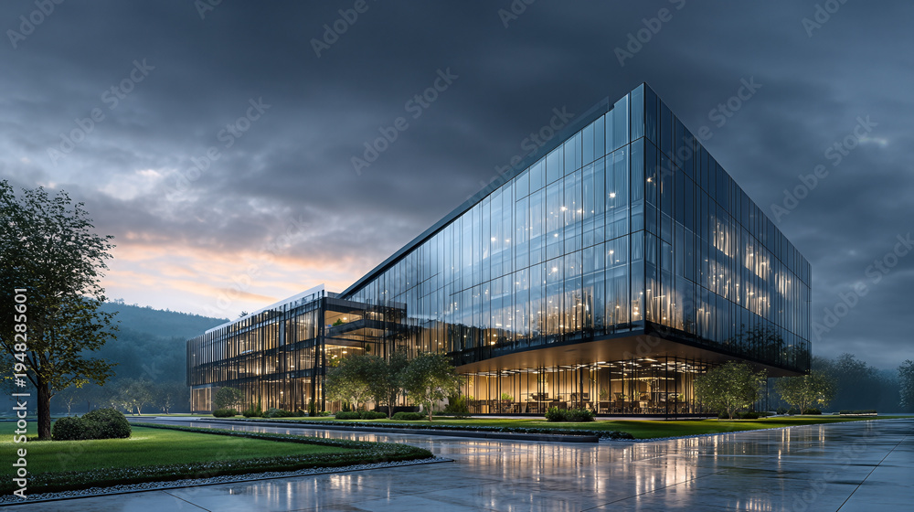 Fototapeta premium Modern Glass Office Complex at Sunset, Reflective Design, Park View, Dramatic Sky