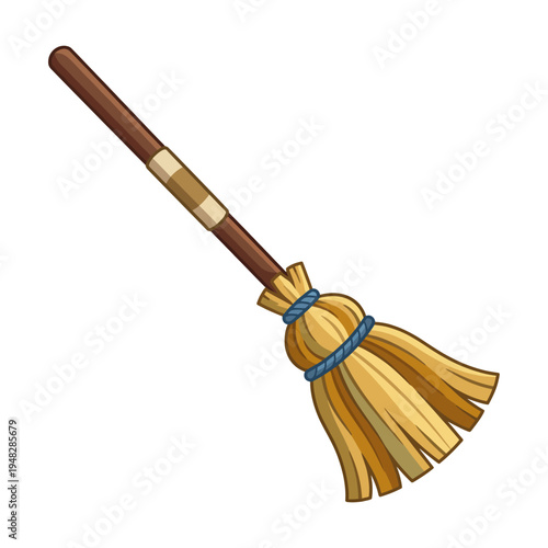 An illustration of a classic broomstick featuring a rustic wooden handle and straw bristles, symbolizing cleanliness and nostalgia for traditional cleaning tools.
