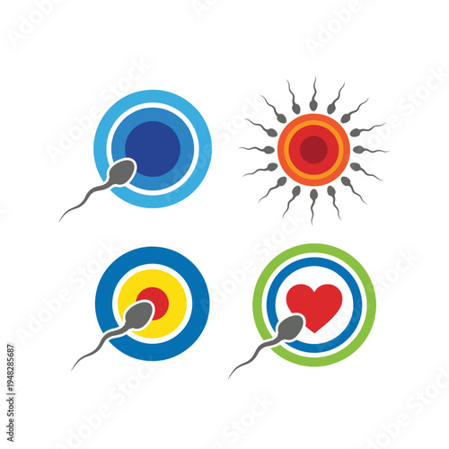 This image features various artistic representations of sperm cells, emphasizing themes of reproduction, life, and biological processes in a vibrant and abstract style.