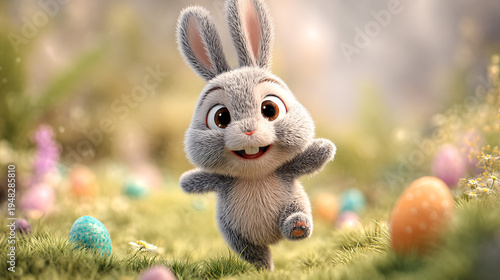 Joyful Easter Bunny Running Through Pastel Meadow with Colorful Eggs, Soft Focus, Cinematic Background