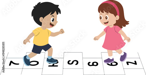 Little kids playing hopscotch with friends outdoor playground game cheerful childhood activity colorful vector illustration clip art