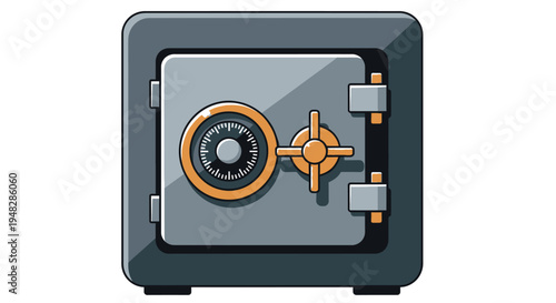 A cartoon illustration of a gray safe with a gold dial and handle on a white background