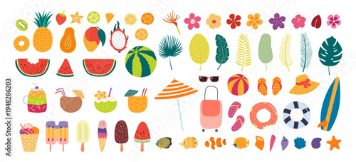 Beach, summer holidays, resort illustration isolated set. Ice cream, drink, fruit, flower, palm leaf, pool float, surfboard, fish, seashell. Flat design element clip art collection hand drawn vector