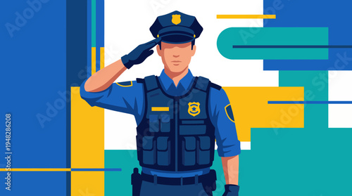 A striking illustration of a police officer saluting, symbolizing duty, respect, and community service, with a modern graphic style and vibrant colors highlighting law enforcement.