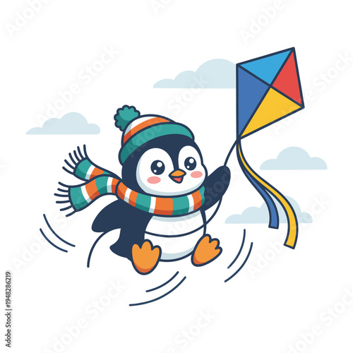An adorable penguin character flying a colorful kite, conveying joy and playfulness in a wintery landscape, perfect for children's themes and cheerful illustrations.