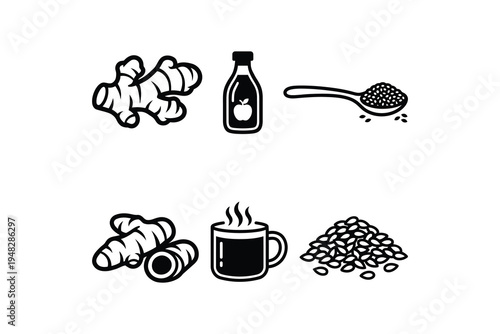 Herbal Ginger Tea Elements Monochrome Vector Icons Collection