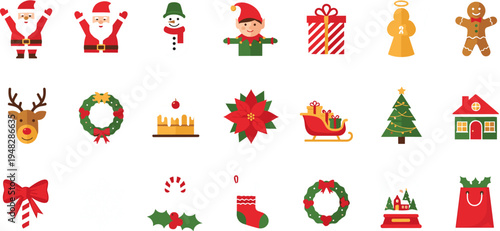 Christmas Icon Set with Santa, Reindeer, Snowman, Gifts, Tree, Wreaths, and Holiday Decorations in Bright Colors